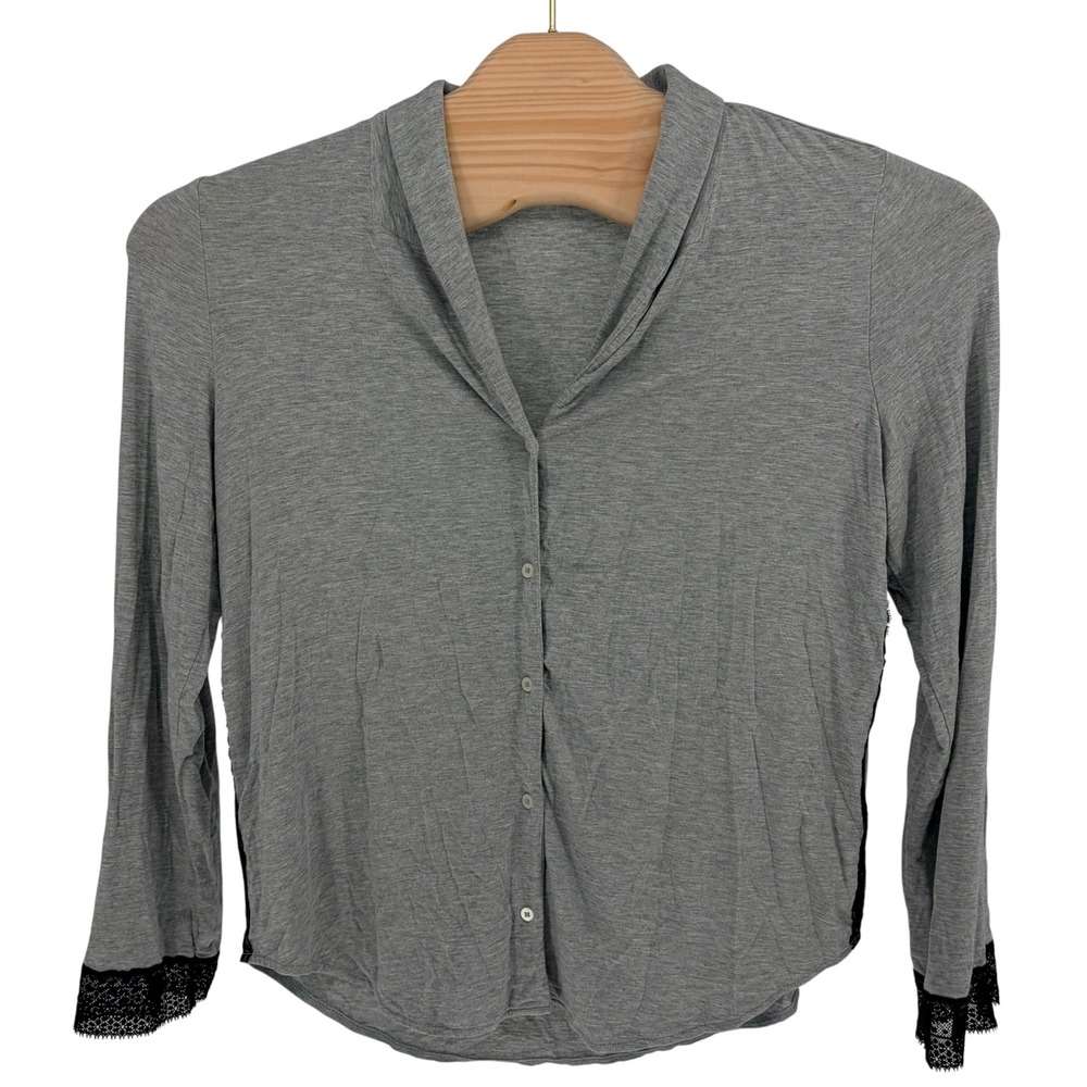 Victoria's Secret Pajama Top L Gray Lace Trim Modal Button Down 3/4 Sleeve